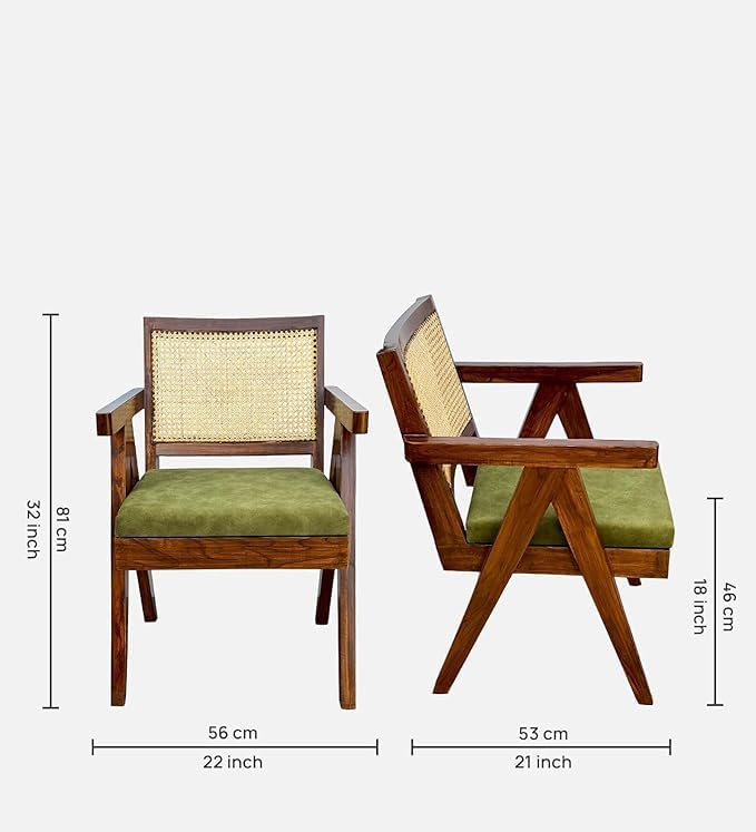 Image of Sainistree Furniture | Solid Sheesham Wood Rattan Armchair | Teak Brown Finish, Cane Back & Geen Upholstery | Mid-Century Modern Accent Chair for Living /Dining Room ((2+1+1) Bench and Chair Set)