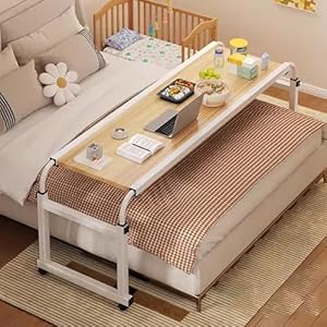 WJFTODAY Höhenverstellbarer Rollbarer Überbetttisch Weiß