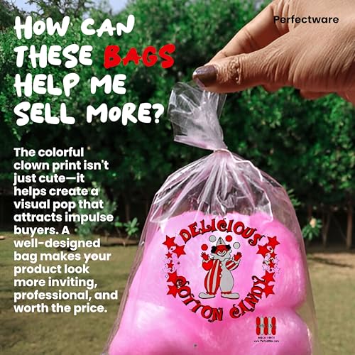 Image of Perfectware Cotton Candy Bags with Clown Design. Includes Twist Ties- Pack of 100ct