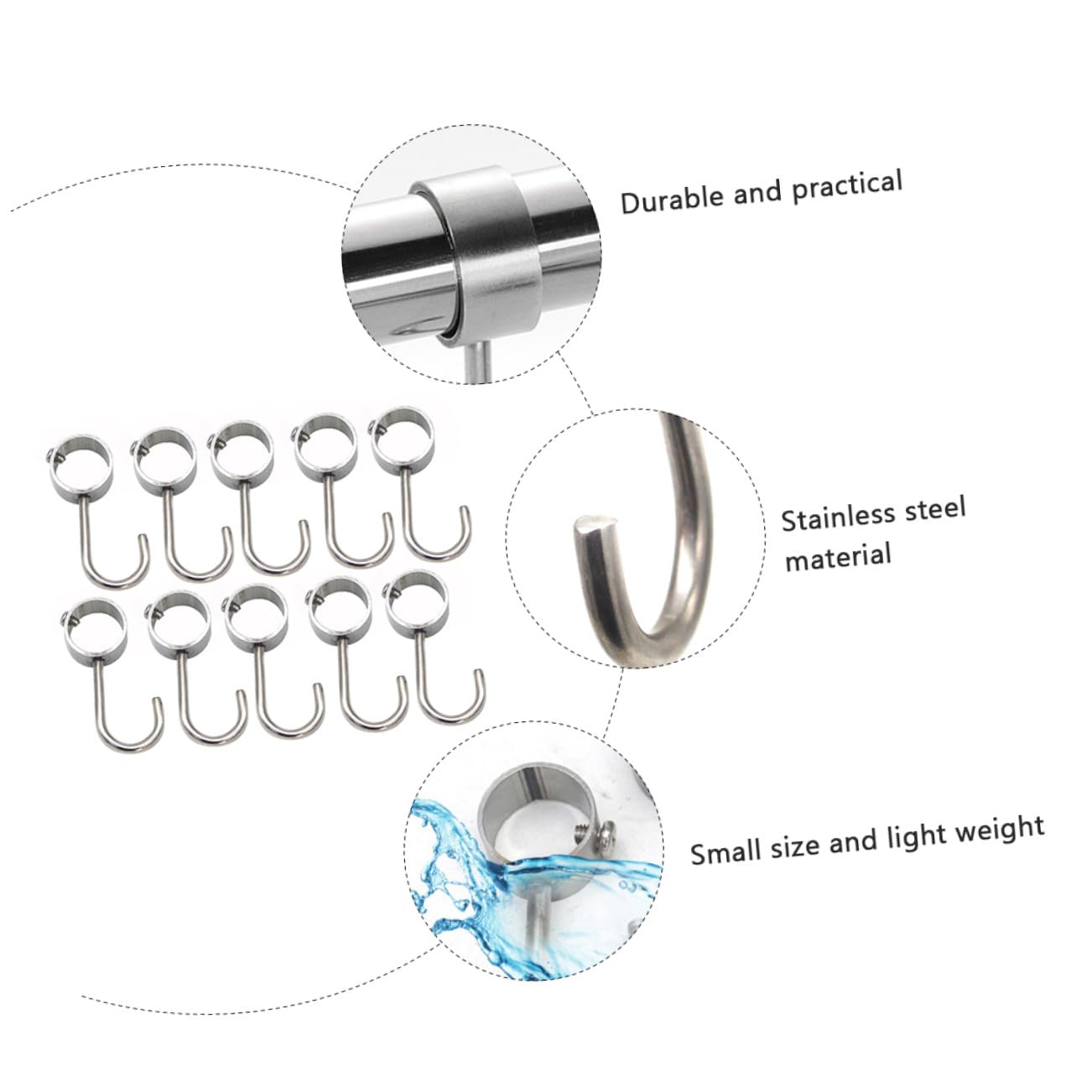 Ganci in Acciaio Inossidabile 10pezzi, Appendini Regolabili e Leggeri per Tubo Armadio, Ganci Resistenti per Bastone Guardaroba in Cucina