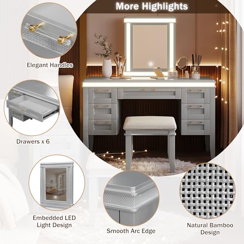 Image of 48 inch Vanity Desk with Mirror, Classic Makeup Vanity with 7 Drawers and Cushioned Stool, Hollow Design Drawer, Rubber Wood Legs, Dressing Table with Bamboo Weave Design, Easy Assembly (Grayish Blue,08)