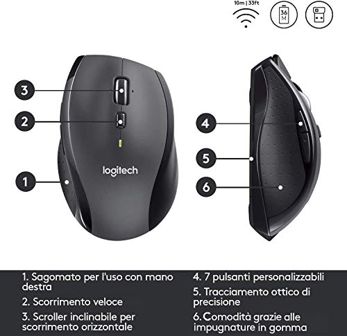 Logitech M705 Marathon Mouse Wireless, 2.4 GHz Con Mini Ricevitore USB Unifying, Rilevamento ‎Laser 1000 DPI, 7 Pulsanti, Pulsanti Per Pollice, Batteria Lunga Durata Fino a 3 Anni, PC/Mac/Laptop, Nero