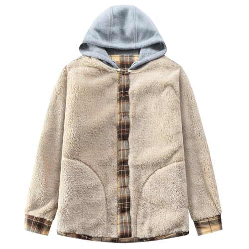 Image of Men's Cotton Plaid Shirt Jacket Fleece Flannel Sherpa Button Down
