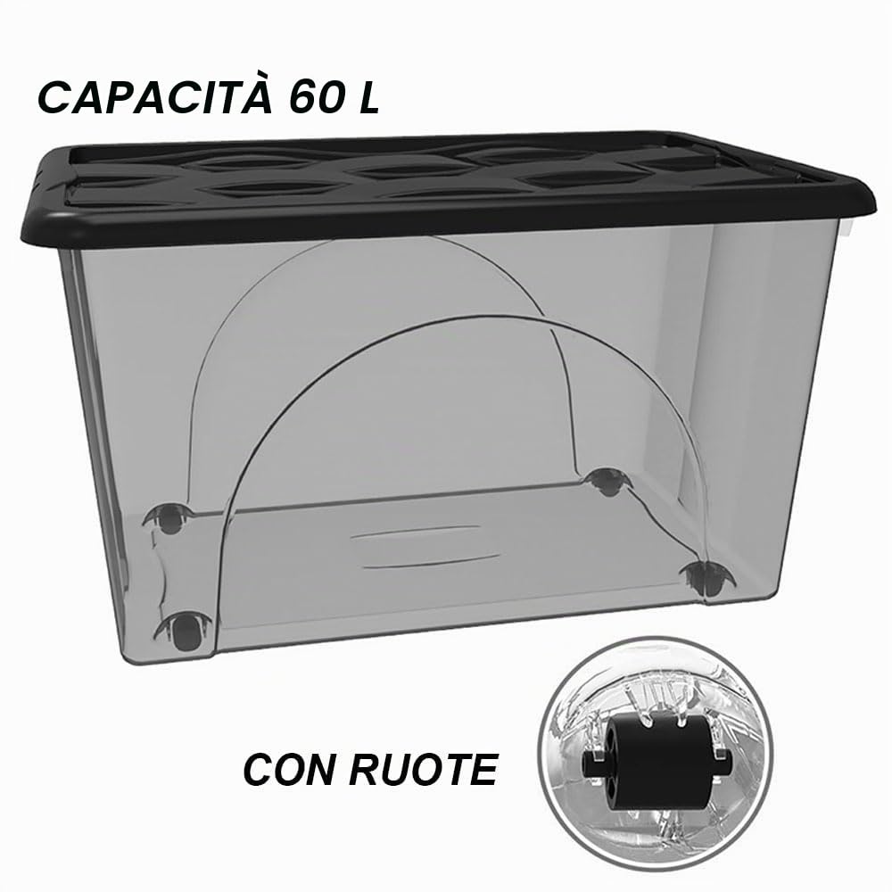 2 Scatole Multiuso 60x40x33 Organizer Box Portaoggetti Contenitore 60 LT STORAGE Salvaspazio con Coperchio Nero e 4 Ruote Sovrapponibile cassa organizzazione cesta indumenti Casa Bagno Ufficio
