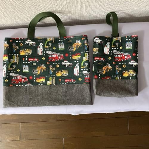 モスグリーン働く車柄レッスンバッグ、上履き入れ、お着替え袋 祝ご