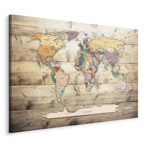 B&D XXL - Tableau décoratif Carte du monde 60x40 cm - Impression sur toile colorée - Décoration murale pour salon et chambre - Bois coloré continents carte...