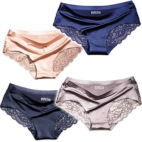 ITAYAX Sexy Lace Underwear for Women Frozen Silk Seamless Satin Panties with Silky Tactile Touch S M L XL 2XL 3XL (Navy Gray Black Skin 4 piece hipster panties) Cover