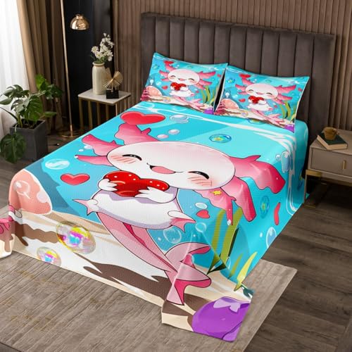 Erosebridal Kawaii Axolotl Kids Quilt Set with Red Love Heart Pattern, Cartoon Axolotl Gifts Coverlet Set for Boys Girls 3D Ocean Animal Sea World Plant Bedspreads King Size 3 Pieces
