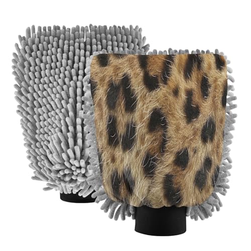 Kigai Beautiful Brown Leopard Print Car Wash Mitt Microfiber, 2Pcs Scratch Free Lint-Free, Premium Chenille Microfiber Mitt Car Wash Brush-L