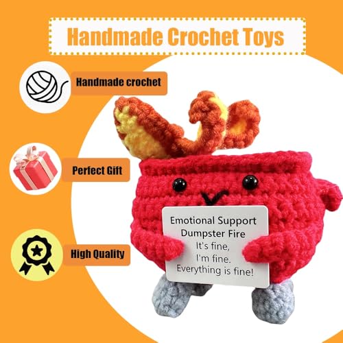 Funny Crochet Support Buddies – Emotional Support Dumpster Fire with Positive Card | Cute Room Decor