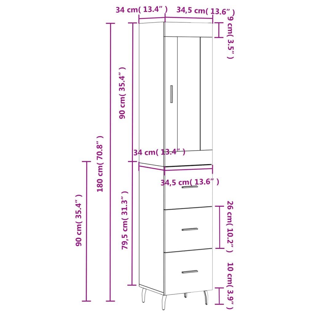 Armadietto alto di alta qualità, in legno di rovere affumicato, 34,5 x 34 x 180 cm, con vano portaoggetti, porta e piedini in metallo, per soggiorno, sala da pranzo, corridoio, cucina