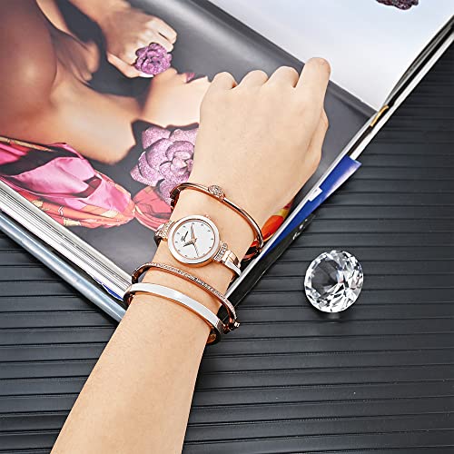 JewelryWe Damski zestaw zegarka typu bangle i bransoletki, kwarcowy zegarek na rękę, elegancki zegarek z kryształkami do sukienki, zestaw bransoletek dla pań, Retro