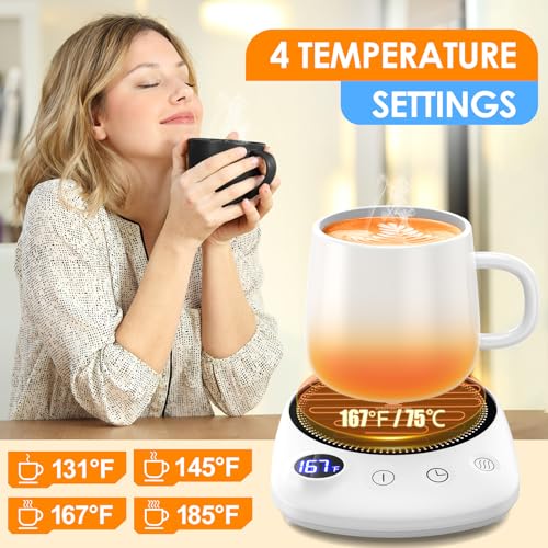 Coffee Mug Warmer - Fastest Heating & Highest Temperature, Coffee Cup Warmer for Desk Auto Shut Off, 4 Temp Settings & 1-12H Timer, Smart Electric Beverage Warmer for Coffee Candle (White)
