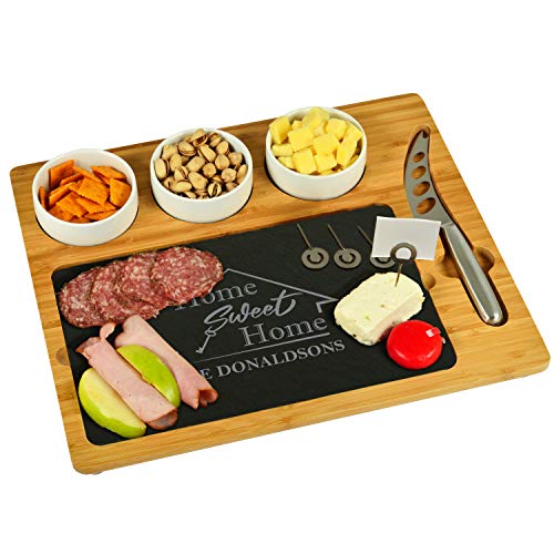 Picnic at Ascot Custom Personalized Engraved Bamboo & Slate Cheese/Charcuterie Board - Includes 3 Ceramic Bowls & Cheese Knife- Patent Pending USA