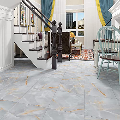 FunStick Marble Peel and Stick Floor Tile for Bathroom 12 x 12 Inch Grey Gold Adhesive Vinyl Flooring Peel and Stick Tile Floor Stickers for Kitchen Renter Bedroom Basement Waterproof Removable 5 Pack