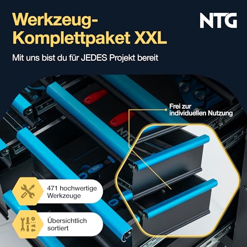 NTG Wózek narzędziowy XXL – 471-częściowy z wyposażeniem – 12 szuflad z drewnianym blatem roboczym, zamykany, mobilny na kółkach, profesjonalny wózek warsztatowy z metalu, do garażu i warsztatu