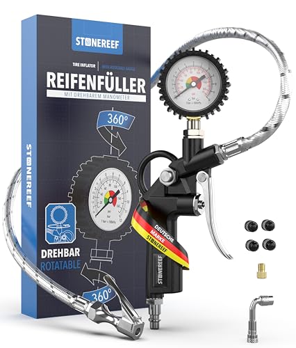 Reifenfüller mit drehbarem Manometer [inkl. Adapter & Ersatzkappen] – Reifendruckfüller für Werkstatt, Auto und Fahrrad – Reifenfüller mit Schlauch und Luftdruckprüfer für Kompressor