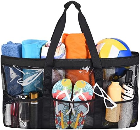 ATARNI Extra Large Mesh Beach Bags - Summer Travel Tote Beach Bag for Women Ladies with Zipper Multifunctional Waterproof Sandproof Shoulderbags Handbags Family Pool Swimming Multi Pockets Tote bag
