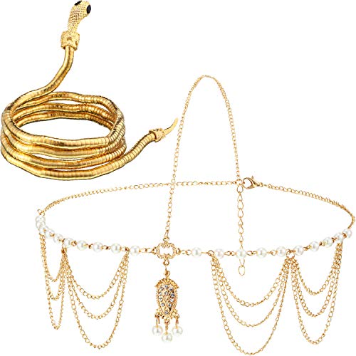 Golden Snake Bracelet and Headband Head Chain, Halloween Women's Costume Set (Bohemia Style)