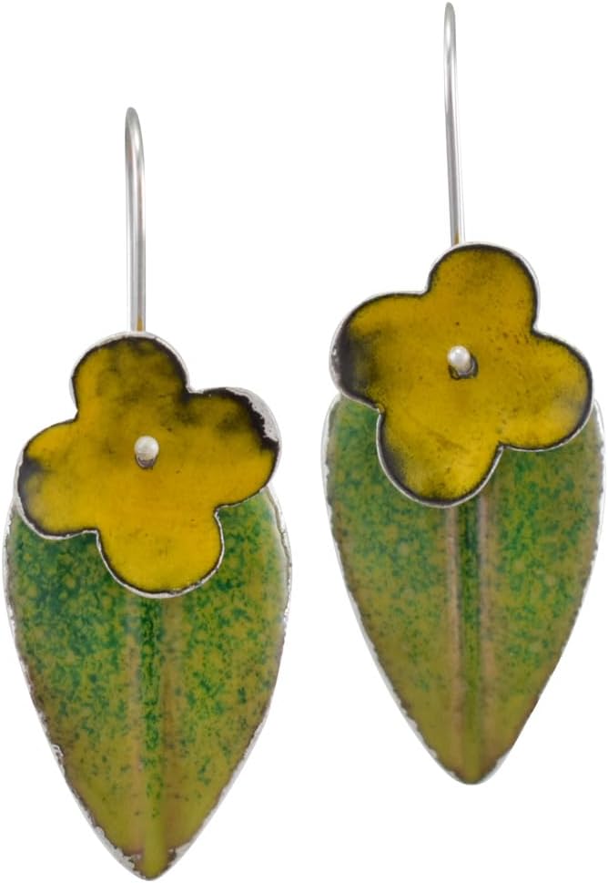 Tropical Yellow Flower Vitreous Enamel and Sterling Silver Earrings, Handmade in the USA