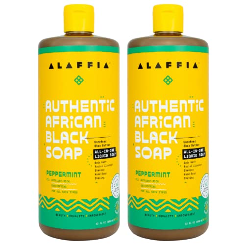 Alaffia African Black Soap Liquid Peppermint (32 Oz) + Eucalyptus Tea Tree (2 Oz) All-in-One Moisturizing Cleanser for Face Hands Body & Hair