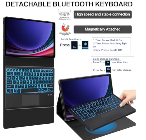 Image of MICROWARE Samsung Galaxy Tab S9 FE+ /S9+ 12.4 inch Keyboard Case: 3 Zone 7 Colors Backlit Trackpad Keyboard for 12.4 inch Galaxy Tab S9 FE Plus (Normal Trackpad, S9 12.4 inch)