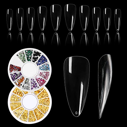500 Pcs Stiletto Fake Nails Cover,2 Wheels Metal Star Studs Acrylic，Full Cover Drop Nails,Case for Salon Nail Art,DIY Long Coffin Nails Design,Ballerina Coffin Nails Tips