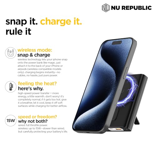Image of Nu Republic Powerpop X2 10000mAh Wireless Power Bank with Kickstand, 15W Qi Wireless + 22.5W Wired, 3 Outputs, Type-C, USB-A, LED Indicator, Quick Charge, iPhone Compatible (Black)