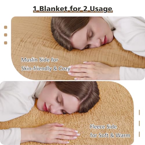 EMME Muslin and Fleece Twin Blanket Reversible - 60"*80" Beige Soft Warm Throw Blankets for Couch Bed Picnic Travel Bed
