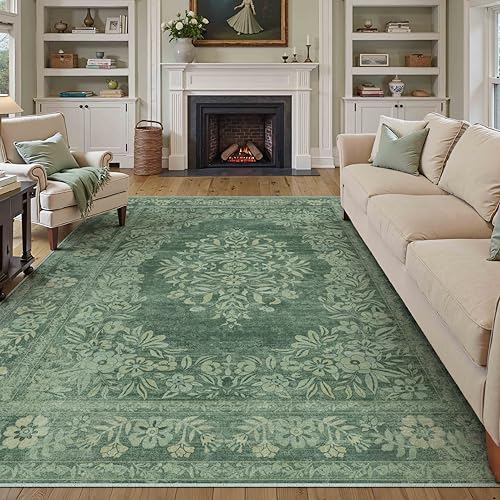 8x10 Area Rug Green Washable Vintage Distressed Living Room Carpet Large Bedroom Indoor Medallion Floral Non Slip Retro Throw Floor Mat for Office Dining Room Kitchen Bathroom
