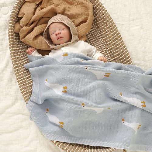 Image of mimixiong Baby Blanket Knit Receiving Boys Girls Blanket Soft Cotton Neutral Blanke for Swaddle Crib Stroller with Cute Sheep (Goose-Light Blue, 30x40 Inch (Pack of 1))