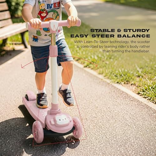Image of Baybee Rovix Kick Scooter for Kids | Foldable Skate Scooter with 3 Height Adjustment Handle & LED Light Wheels | 3 Wheel Baby Scooter with Rear Brake | Kids Scooter for 2 to 10 Years Boy Girl (Pink)