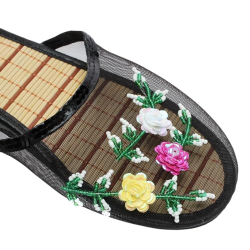Generic Women's Chinese Mesh Slippers, Black, Floral, Flat, Slip On, All Seasons, Adult, Casual, Embroidery, Open Toe3