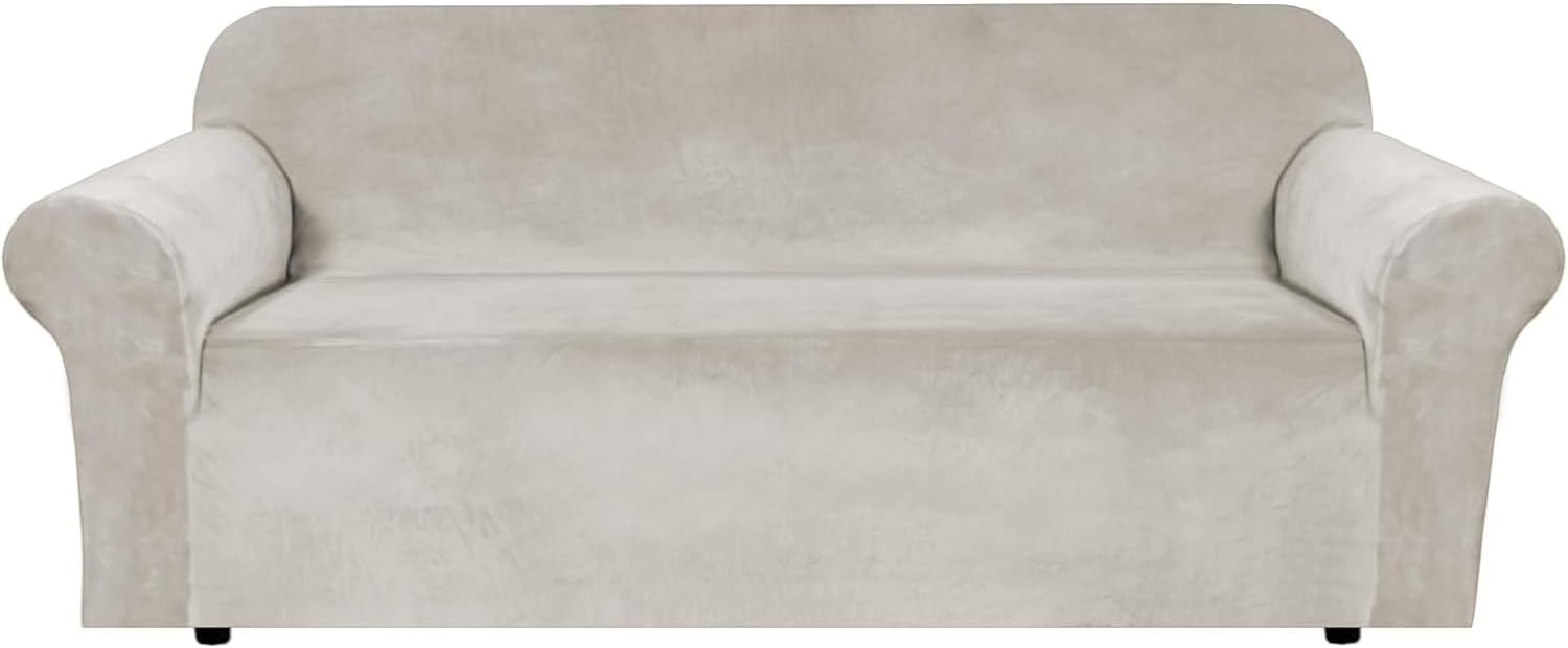H.VERSAILTEX Stretch Velvet Sofa Covers for 3 Cushion Couch Covers Furniture Protector Soft with Non Slip Elastic Bottom, Crafted from Thick Comfy Rich Velour (Large Sofa 90"-97", Oatmeal) Oatmeal Sofa L