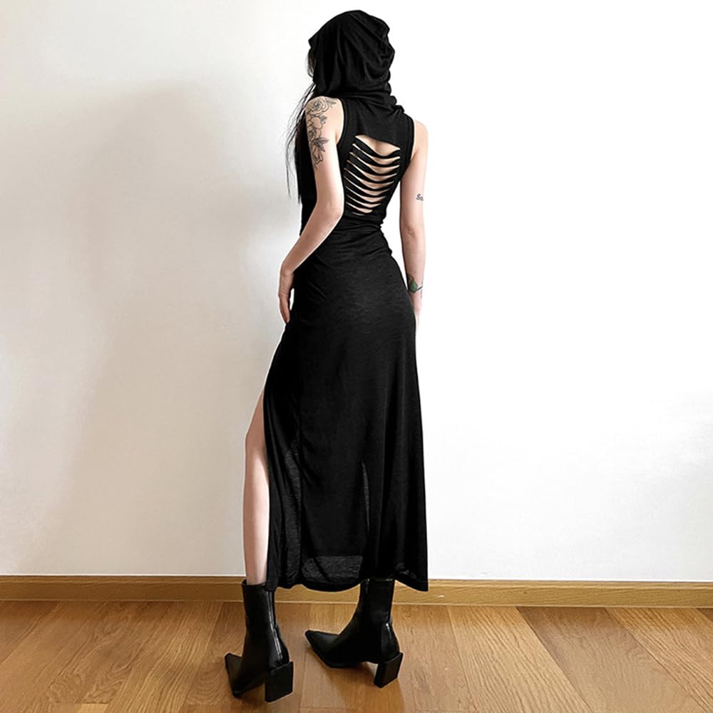 SINROYEE Women High Slit Long Dress Sexy Sleeveless Cocktail Dress Sexy Cutout Bodycon Party Club Cami Dresses: Medium Black 2