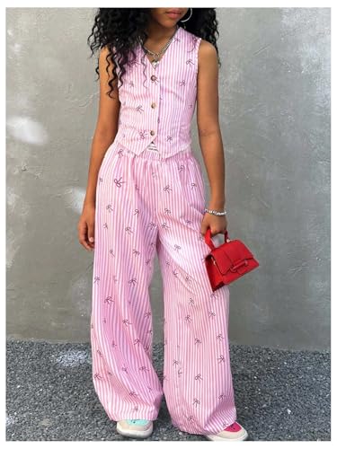 Image of Floerns Girl's 2 Piece Outfits Elegant Striped Sleeveless Suit Vest & Long Elastic Casual Pants Set