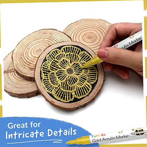 Funcils 5 Acrylic Gold Paint Pen Metallic - Golden Marker Metallic Paint for Wood, Fabric, Canvas, Leaf, Tire, Metal, Glass - Gold Paint Pen Fine Tip, Thin Point & Jumbo (1mm, 3mm, 6mm, 10mm, 15mm) - Image 4