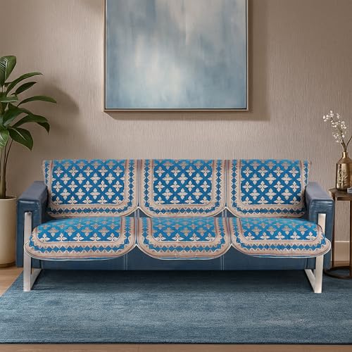 Image of Premium Chenille Woven Anti-Slip 3 Seater Sofa Cover | L-Shape Sofa Seat Protector for Living Room | Durable & Stylish Slipcover - Turquoise - Floral