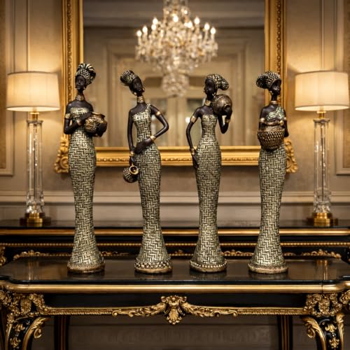 Image of Vibrant Beautiful Finish Uniquely Hand Crafted Home Decor African Tribal Women Art Piece (African Lady Set of 4 with matki)