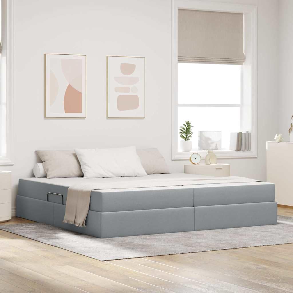 Cama de almacenamiento con colchón de 200 x 200 cm, cama tapizada con gran cajón, cama doble hidráulica, gris claro, marco de metal estable, incluye somier de láminas