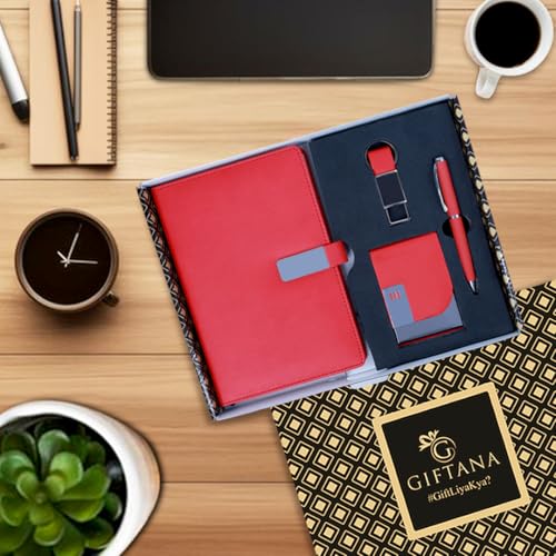 Giftana 4 in 1 Diary with Pen, Card Holder and Metal Keychain Gift Set for Men and Women, Leather Notebook Diaries Combo Gift for Doctor, Husband, Father, New Year Corporate Gift for Employee (Red)