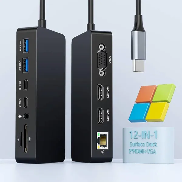 Microsoft Surface Thunderbolt 4 Dock Triple Displays Dual HDMI+VGA, 12 in 1 Surface Docking Station for Surface Pro 11/10/9/8/X/7+/7, Surface Laptop 7/6/5/4/3, Laptop Studio