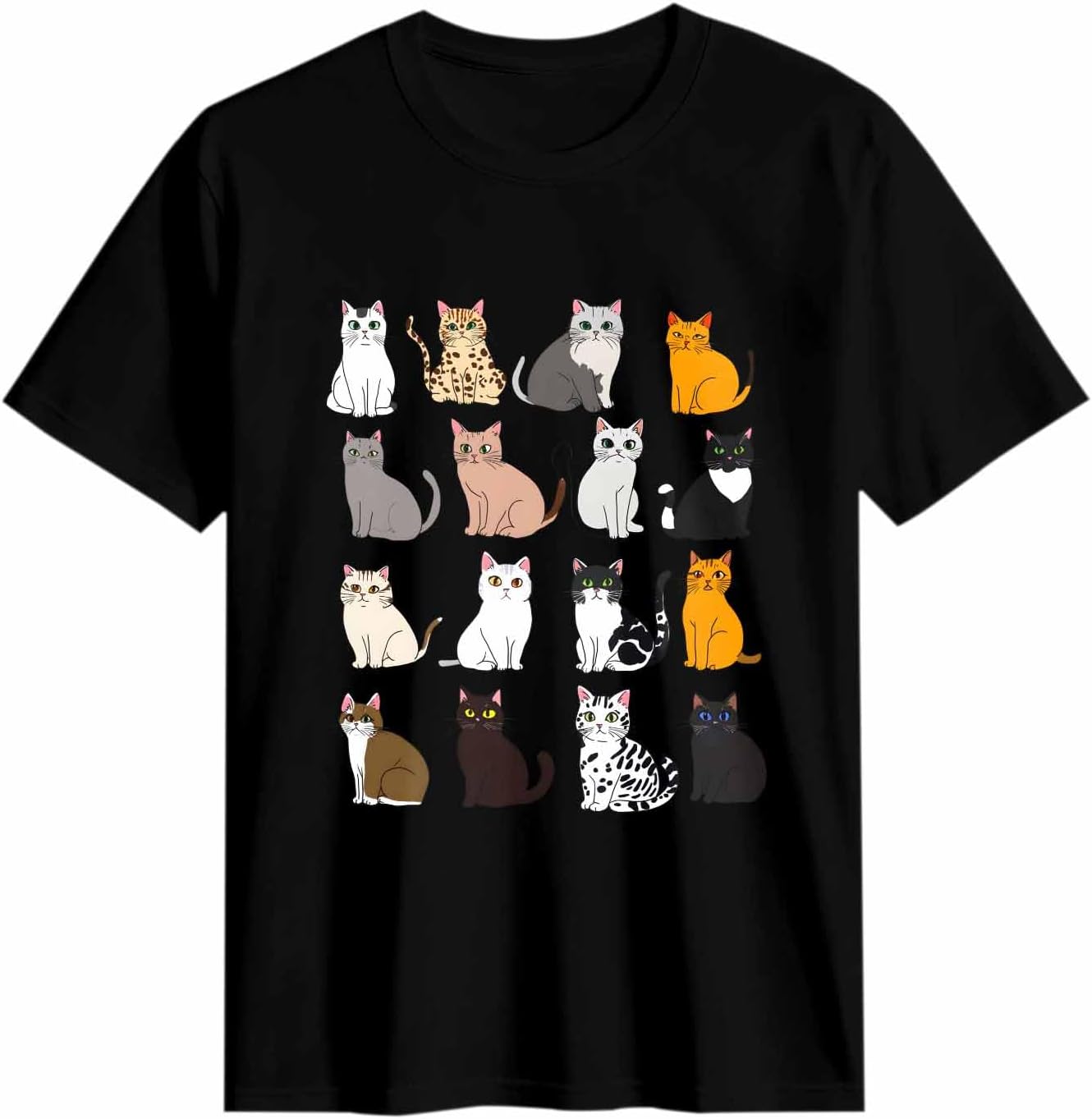 Women's T Shirt Cartoon Various Cats Graphic Tees Animal Short Sleeve Tops Black Women's Crew Neck Ribbed Fitted Shirt