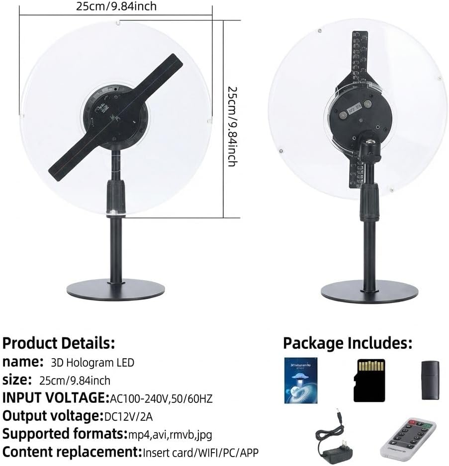 3D Hologram Fan Projector for Store Trade Show Display, 276 LED High Resolution WiFi App Control Bluetooth Audio Holographic Display, Quiet Bearing with Safety Cover Holiday Tech Gift(9.84inch)