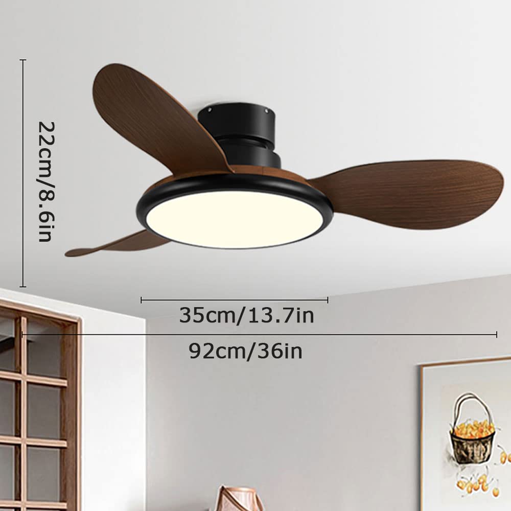 Ventilatore da soffitto moderno da 36 pollici con luci Ventilatore da soffitto a basso profilo a 3 pale con luce Ventilatore da soffitto in finto legno nero Ventilatore da soffitto per camera da let