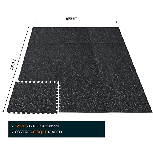 1/2In Thick 48 Sq Ft Rubber Top High Density Eva Foam Exercise Gym Mats Non-Slip 12 Pcs - Interlocking Puzzle Floor Tiles For Home Gym Heavy Workout Equipment Flooring - 24 X 24In Tile, Black & White #TOP2