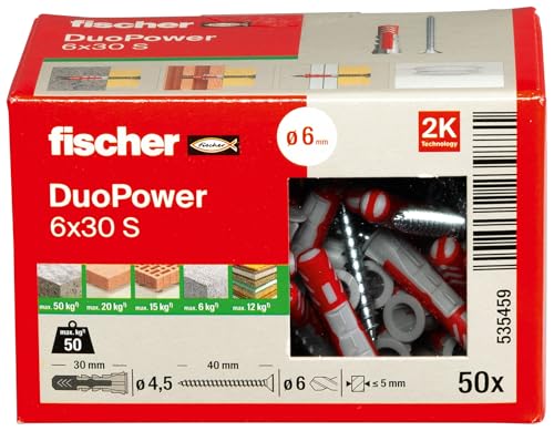 fischer DuoPower 6 x 30 S, Universaldübel mit Sicherheitsschraube, 2-Komponenten-Dübel, Kunststoffdübel zur Befestigung in Beton, Ziegeln, Stein, Gipskarton uvm., 50 Dübel + 50 Schrauben