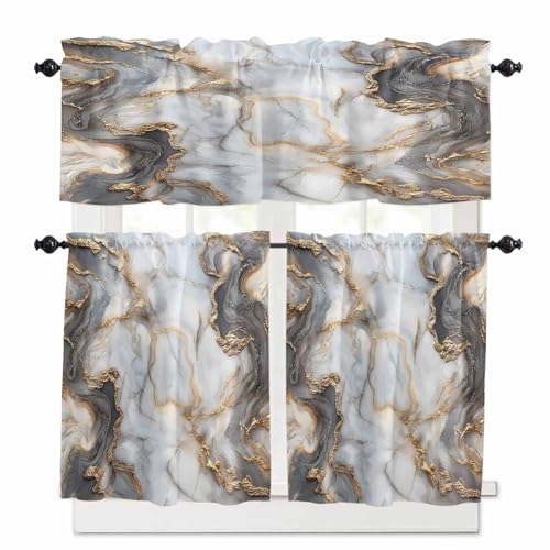 Marble White Gold Kitchen Curtains 36 Inch Length, 3 Piece Rod Pocket Small Half Tiers and Valance Set, Abstract Modern Geometric Printed Small Large Window Treatment Decor for Bedroom/Bathroom Sink