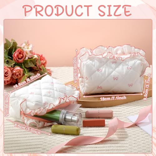 Kacctyen 3 Pcs Coquette Pink Bow Quilted Makeup Bag Set Cute Aesthetic Ruffles Cosmetics Bag Preppy Travel Makeup Pouch for Women Girl Toiletry Pencil Pouch Large Small Size2