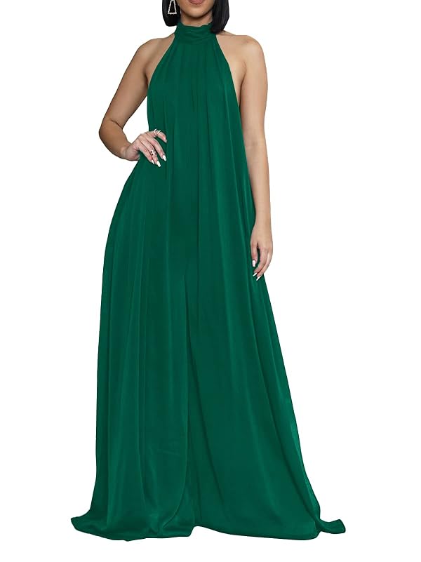 Ekaliy Women's Sexy Summer Jumpsuit Halter Neck Sleeveless Chiffon Wide Leg Long Pant Jumpsuit Romper One Piece Party Outfit Dark Green Small by Ekaliy - Used condition - US$42.28